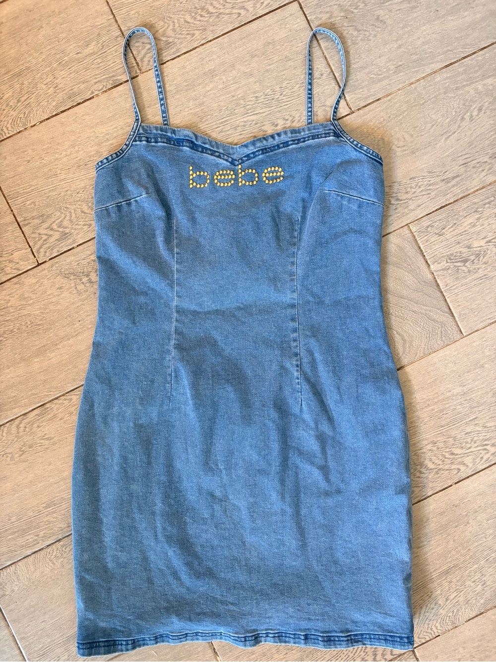 Vintage Bebe Y2K Blue Denim Spaghetti Strap Rhinestone Logo Dress - Size Large